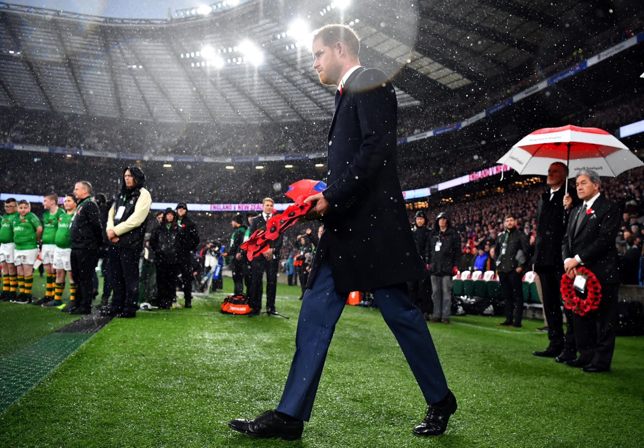Sport has remembered the fallen this weekend with British Royal Prince Harry laying a wreath at England's rugby international with New Zealand at Twickenham ©Getty Images