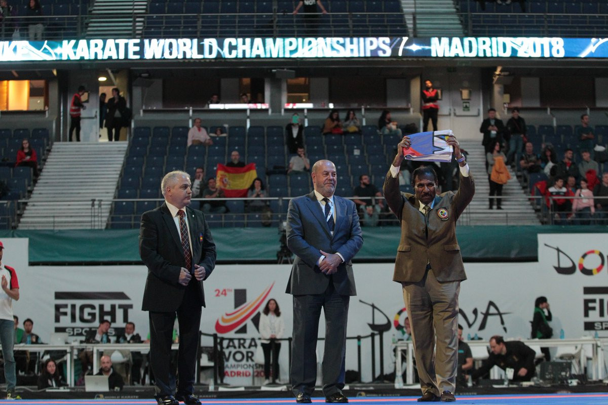 The WKF flag was officially passed to 2020 Karate World Championships hosts Dubai ©Twitter