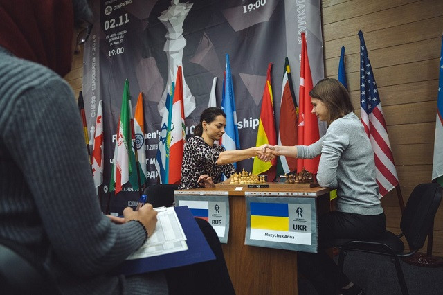 Anna Muzychuk, right, lost her tiebreaker in today's Women's World Chess Championship quarter-final to Russia's Alexandra Kosteniuk ©FIDE