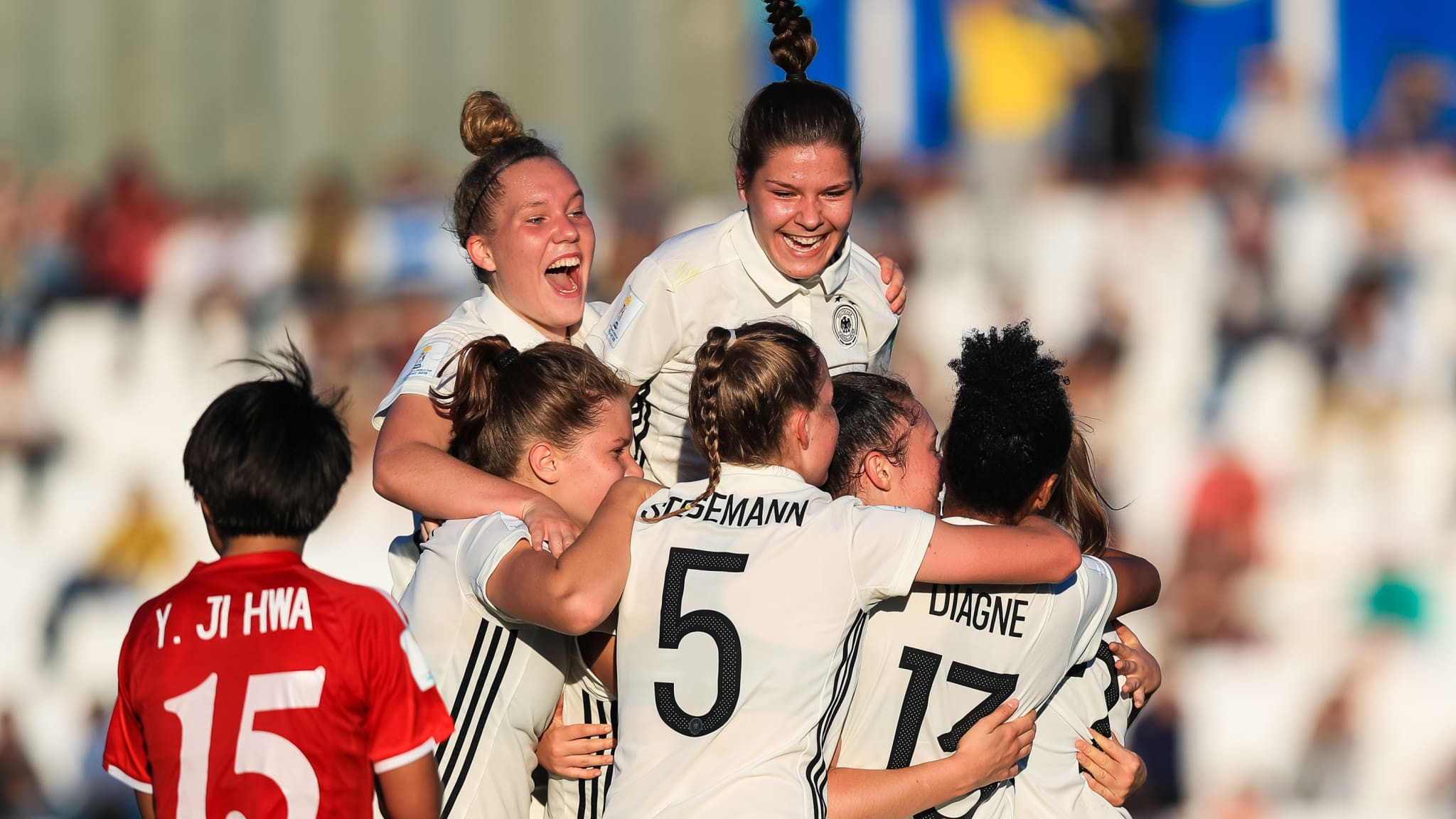 Germany celebrate after beating defending champions North Korea in their opening match of the FIFA under-17 Women’s World Cup ©FIFA