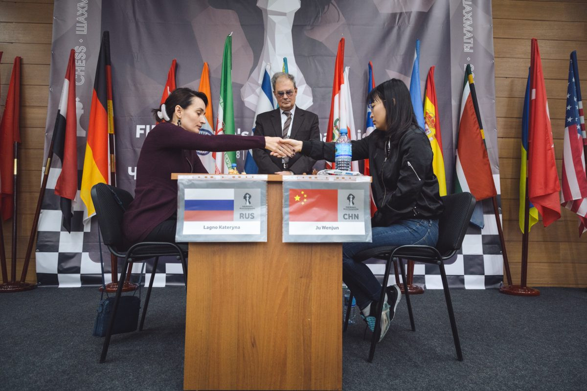 Russia's Kateryna Lagno, left, edged closer to a home triumph at the Women’s World Chess Championship after winning the second game of the final against China’s Ju Wenjun to take a 1½-½ lead ©Ugra 2018