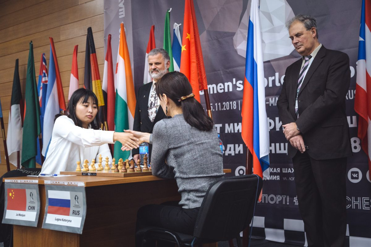 Game three of the Women’s World Chess Championship final, between Russia's Kateryna Lagno and China's Ju Wenjun, ended in a draw at the Ugra Chess Academy in Khanty-Mansiysk ©Ugra 2018