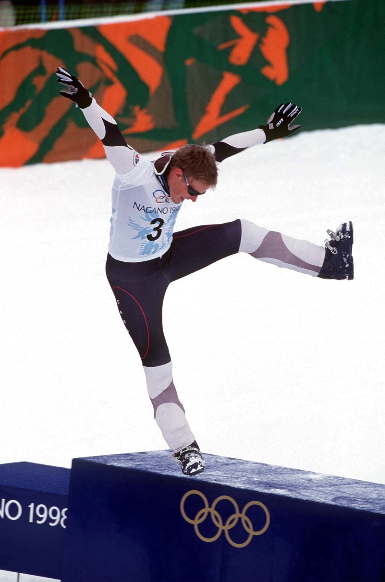Canada's Ross Rebagliati arrives on the winners podium at the 1998 Nagano Winter Games as the first Olympic snowboard champion - a title he then lost, and regained after an issue with a positive sample for marijuana ©Getty Images  