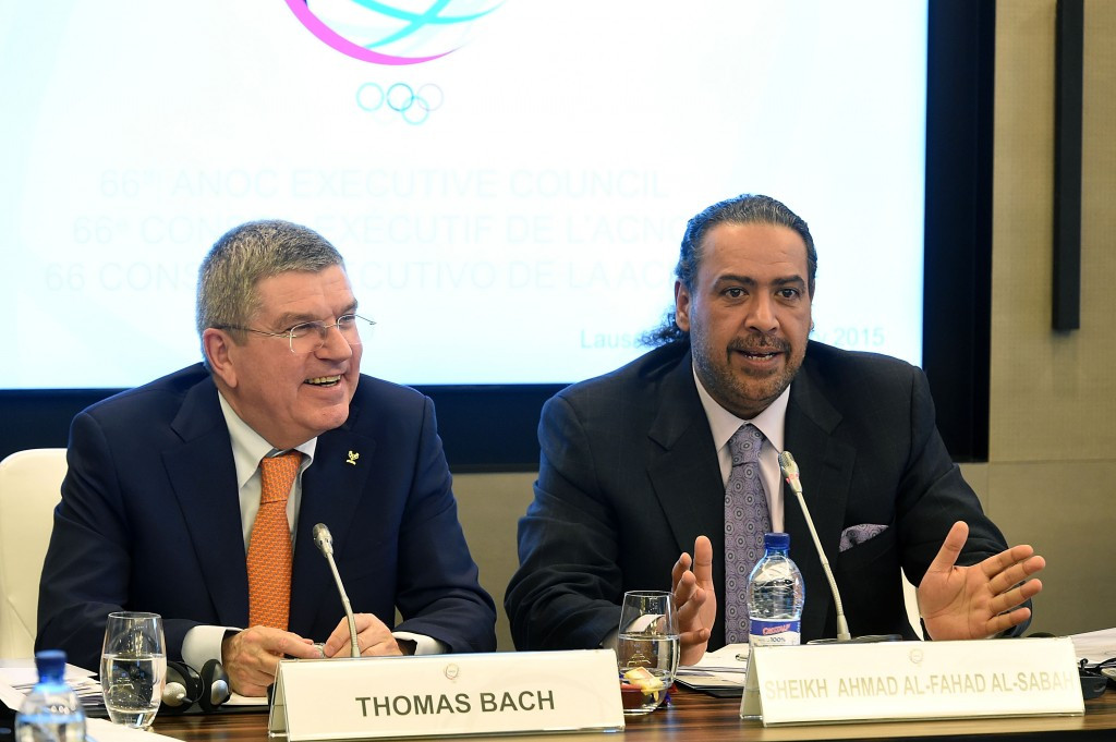 Sheikh Ahmad pictured with his close ally, the IOC President Thomas Bach, at an ANOC meeting in Lausanne earlier this year 