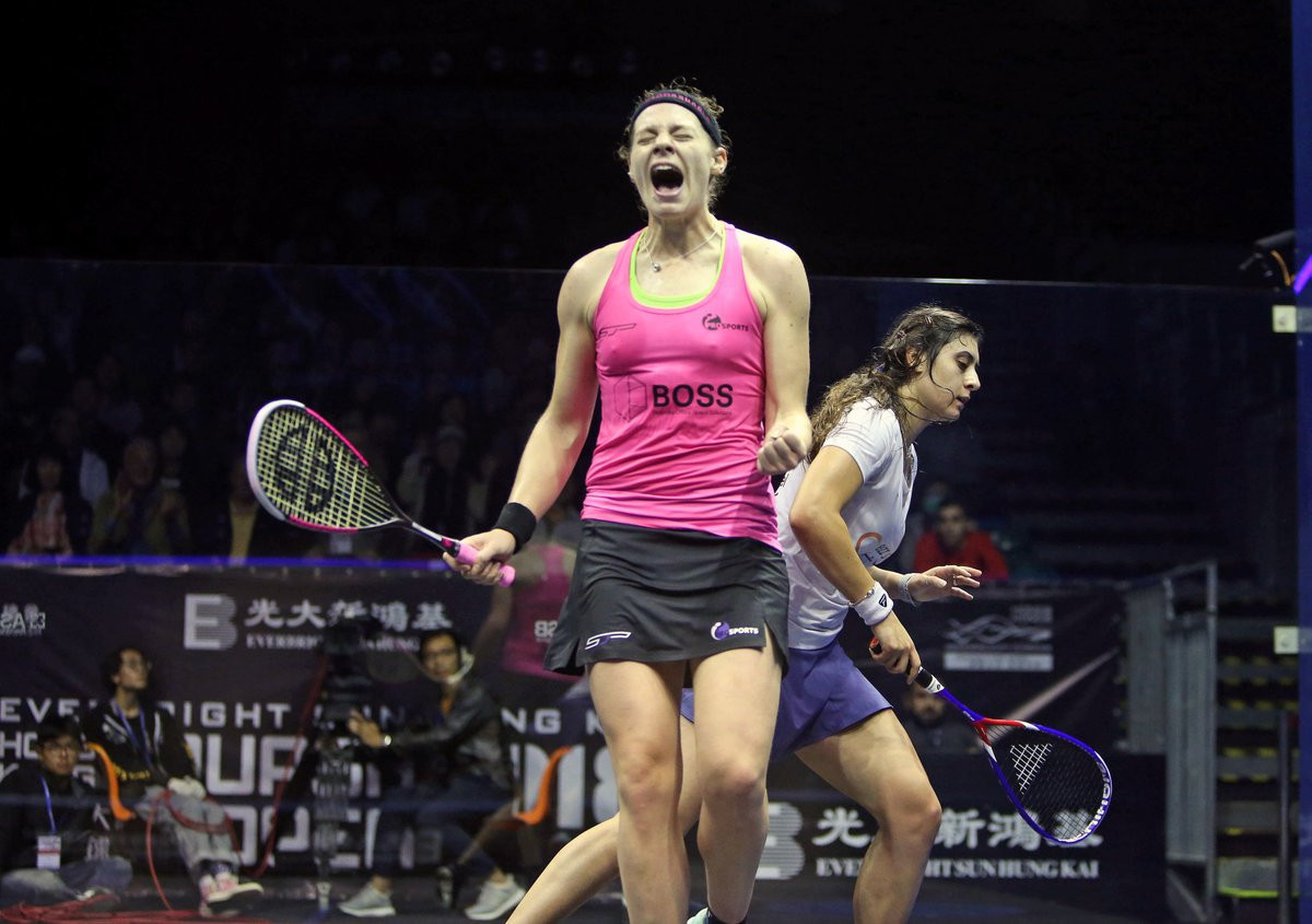 Sarah-Jane Perry beat the defending champion to advance to the semi-finals of the women's draw ©PSA