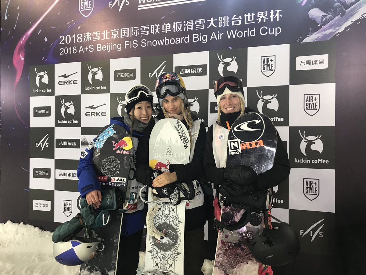 Austria's Anna Gasser won the women's FIS Snowboard Big Air World Cup in Beijing's National Stadium ©FIS Snowboard/Twitter