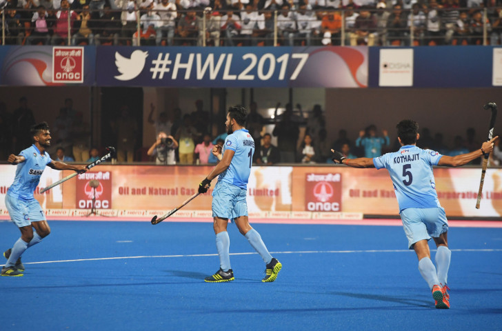 India's Harmanpreet Singh, centre, celebrates after scoring the second goal against Germany during their third place play-off at the Hockey World League match at Kalinga Stadium in Bhubaneswar on December 10 last year ©Getty Images  