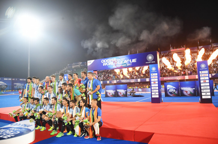 Olympic champions Argentina line-up in the Kalinga Stadium after taking silver in last year's FIH World League final, which was won by Australia ©Getty Images  