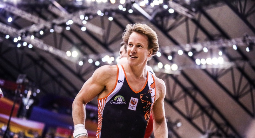 Epke Zonderland of The Netherlands won a gold medal on the horizontal bars - and a romper-suit for his new baby ©Dutch Gymnastics