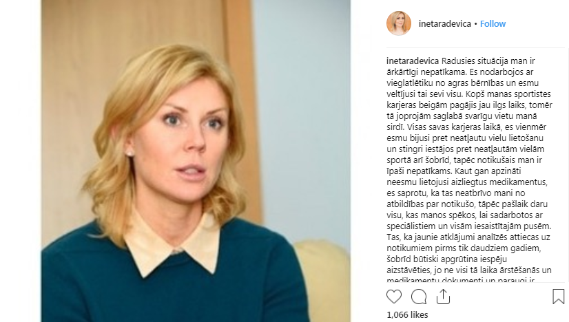Ineta Radevica responded to news of the positive test with a message on Instagram ©Instagram