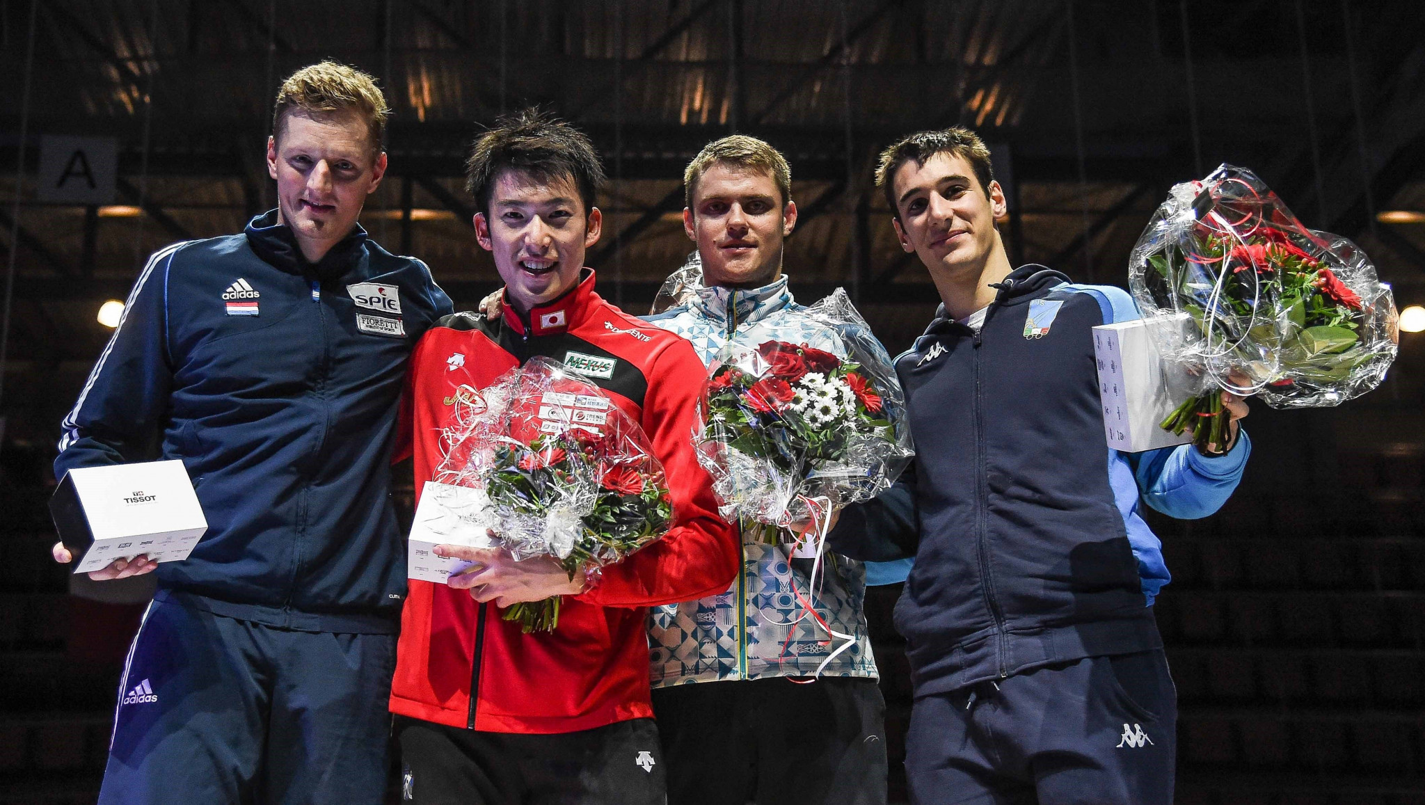 Japan’s Kazuyasu Minobe, second from left, won the individual gold medal at the International Fencing Federation Men’s Épée World Cup in Berne ©FIE