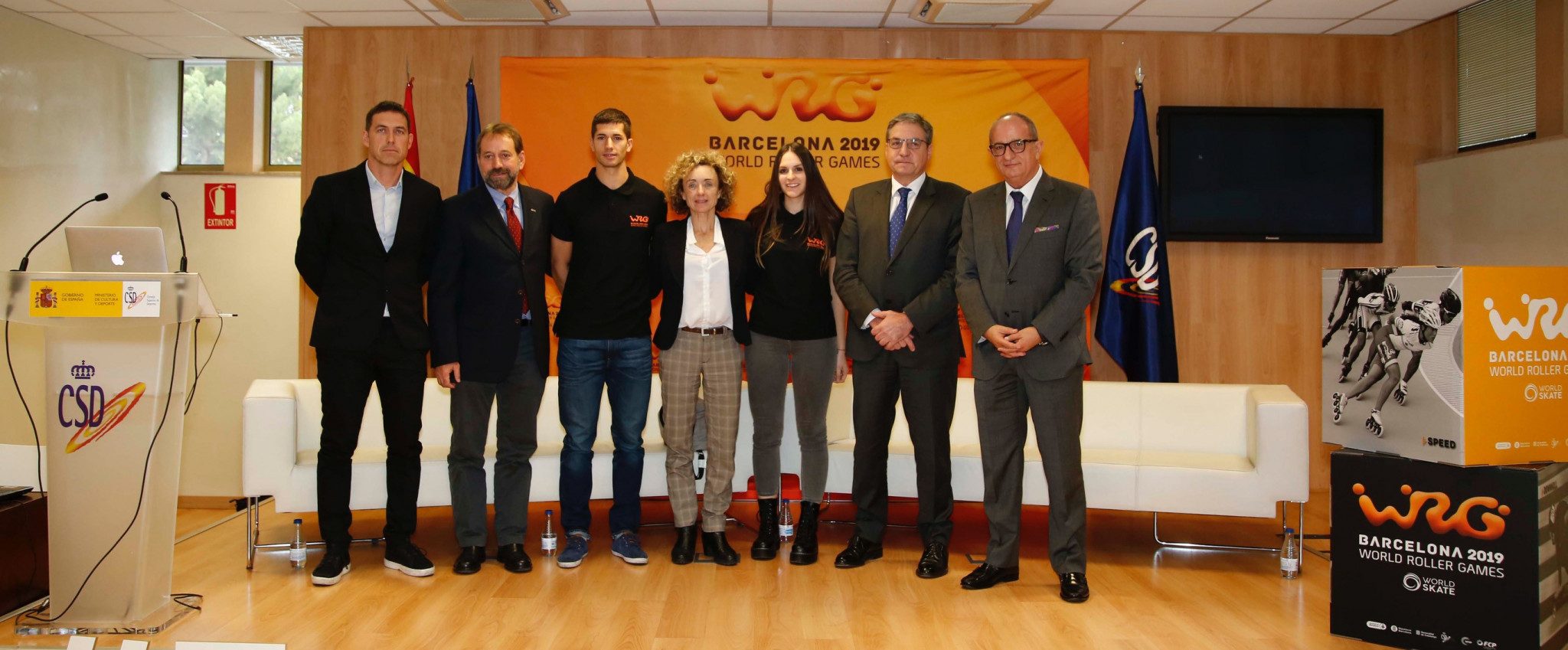 The presentation of the 2019 World Roller Games in Barcelona was attended by various officials including the event's Organising Committee President Ramon Basiana, second from left, ©WRG 2019