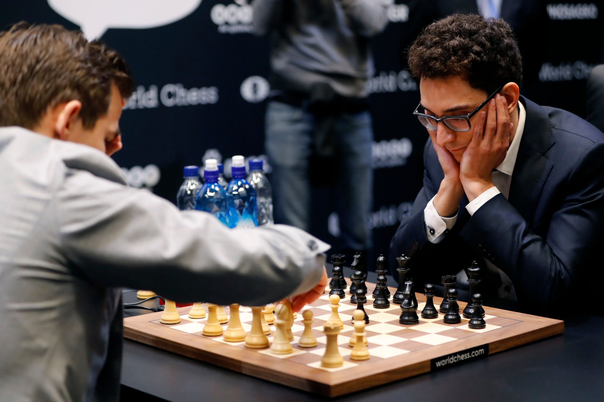 Fabiano Caruana, right, resigned with defeat looking increasingly likely ©Getty Images

