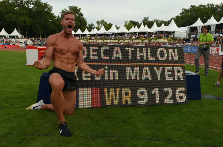 France's Kevin Mayer celebrates his decathlon world record on September 16 - the same day on which Kipchoge shattered the world marathon record ©Getty Images  