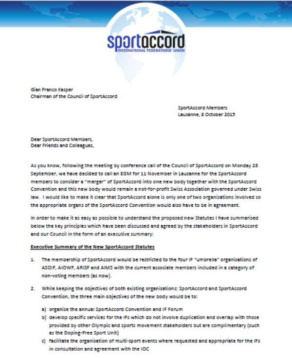 The first page of an Executive Summary of the proposed new SportAccord Statutes ©ITG