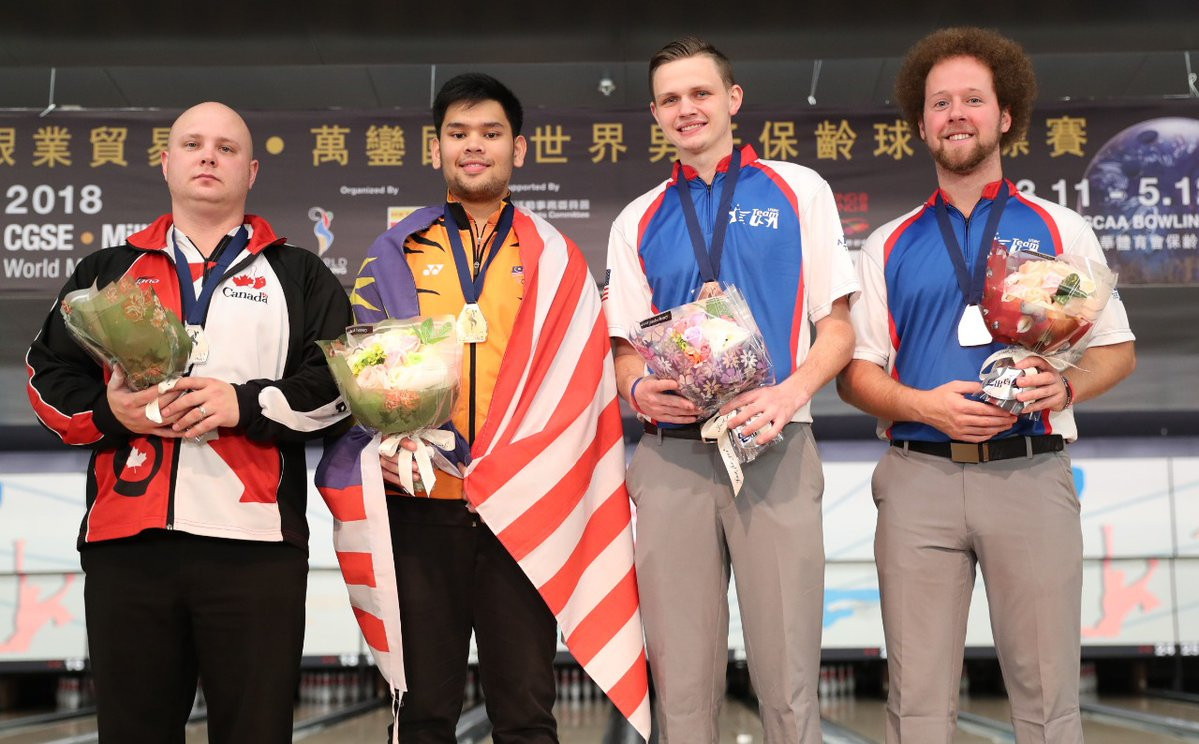 Malaysia's Muhammed Rafiq Ismail won the gold medal in the men's singles at the World Tenpin Bowling Championships, Canada's Dan MacLelland the silver and Kyle Troup and Andrew Anderson of the US the bronze ©World Bowling