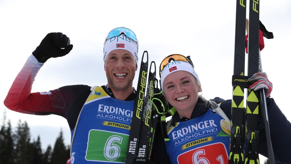 Thekla Brun-Lie and Lars Helge Birkeland won the first race of the new IBU World Cup season today, in the single mixed relay ©IBU