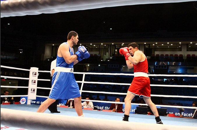 Croatia's Filip Hrgovic (left), who is among the favourites for the super heavyweight title, won the last bout of the day against Bulgaria's Petar Belberov (right) ©AIBA Doha 2015/Twitter
