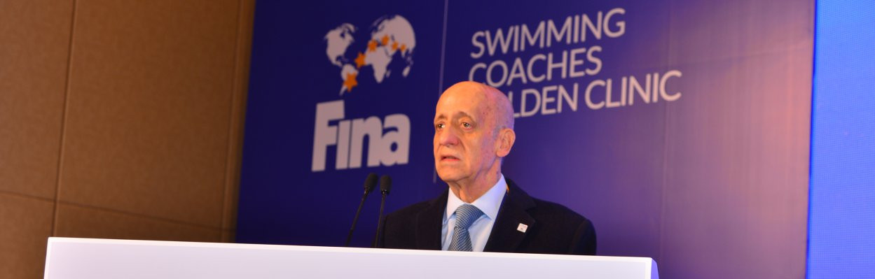 FINA President Julio Maglione, pictured opening a swimming clinic at the InterContinental Hangzhou Hotel yesterday, is facing a legal challenge to his organisation from the recently formed International Swimming League ©FINA 