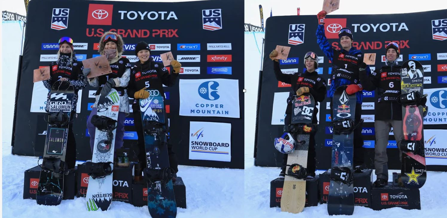 Scotty James and Chloe Kim picked up the first golds of the snowboard half pipe World Cup season today ©FIS