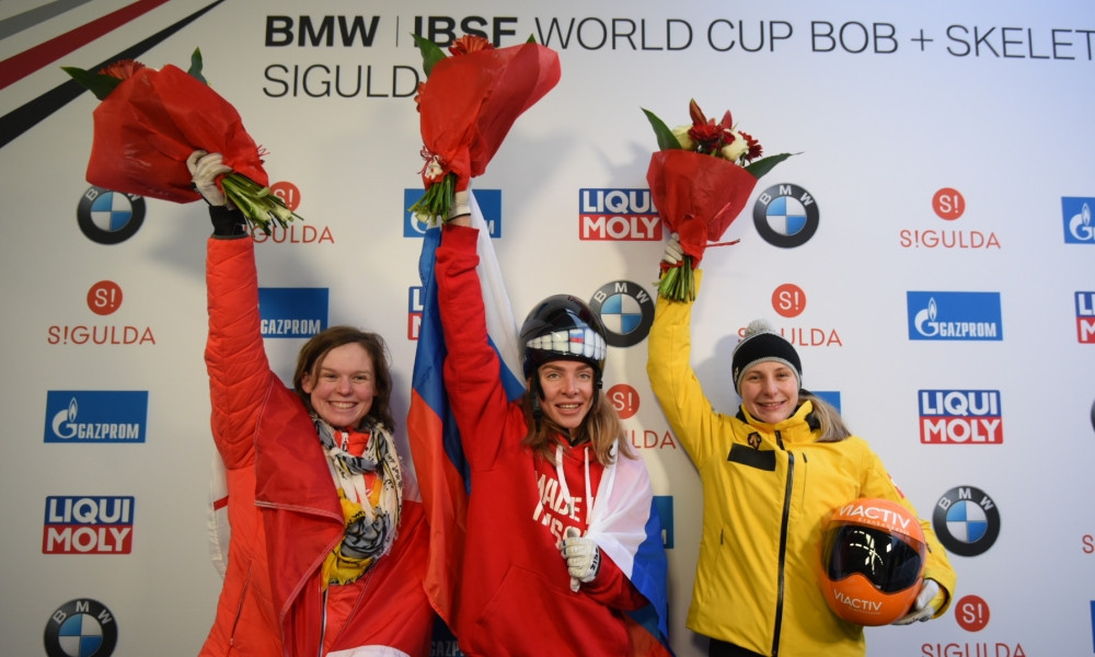 Russia's Elena Nikitina won the women's skeleton race at the IBSF World Cup in Sigulda, with Canada's Elisabeth Maier and Germany's Tina Hermann finishing second and third ©IBSF