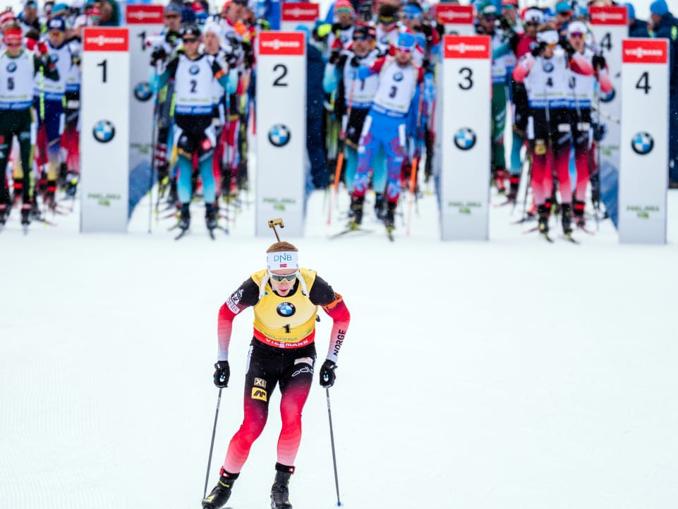 Norway's Johannes Thingnes Bø sets off before what would prove to be a dramatic victory in the men's 12.5km pursuit event on the last day of the Biathlon World Cup in Pokljuka for his second gold medal of the event ©IBU