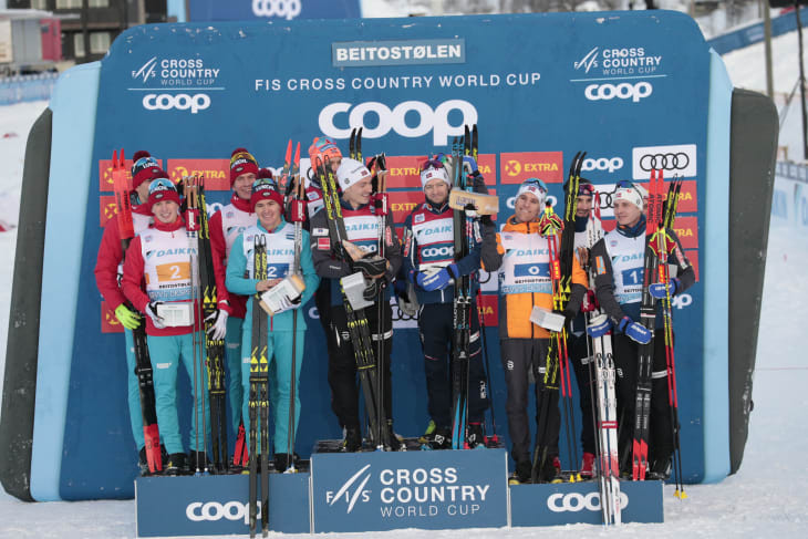 The Norwegian men's relay team of Emil Iversen, Martin Johnsrud Sundby, Sjur Roethe and Finn Haagen Krogh beat Russia and a second Norwegian team to win gold at the FIS Cross-Country World Cup in Beitostølen ©FIS