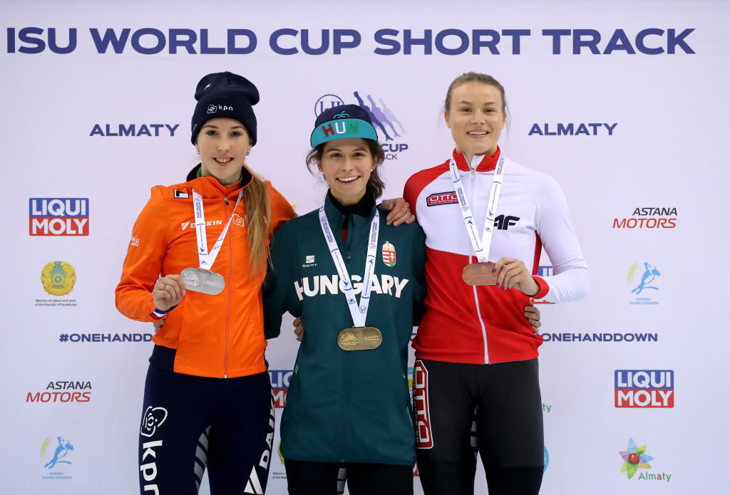 Petra Jaszapati, centre, won her first individual World Cup gold medal today in the women's 500m A final in Almaty ©ISU