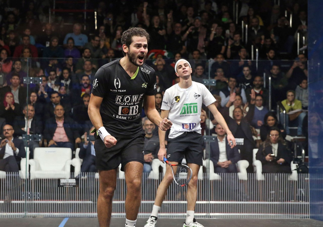 Egypt’s Karim Abdel Gawad, left, is the 2018 Black Ball Squash Open champion after he defeated compatriot and world number two Ali Farag in the final at the Black Ball Sporting Club in Cairo ©PSA