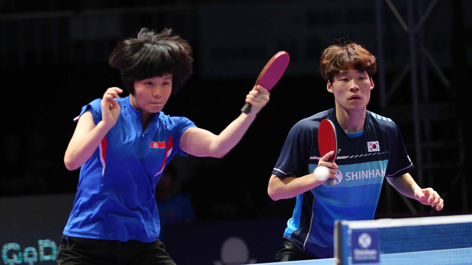 Unified pair Jang Woojin, right, of South Korea, and Cha Hyo Sim, from North Korea have reached the mixed doubles final at the ITTF  World Tour Grand Finals at Incheon ©ITTF