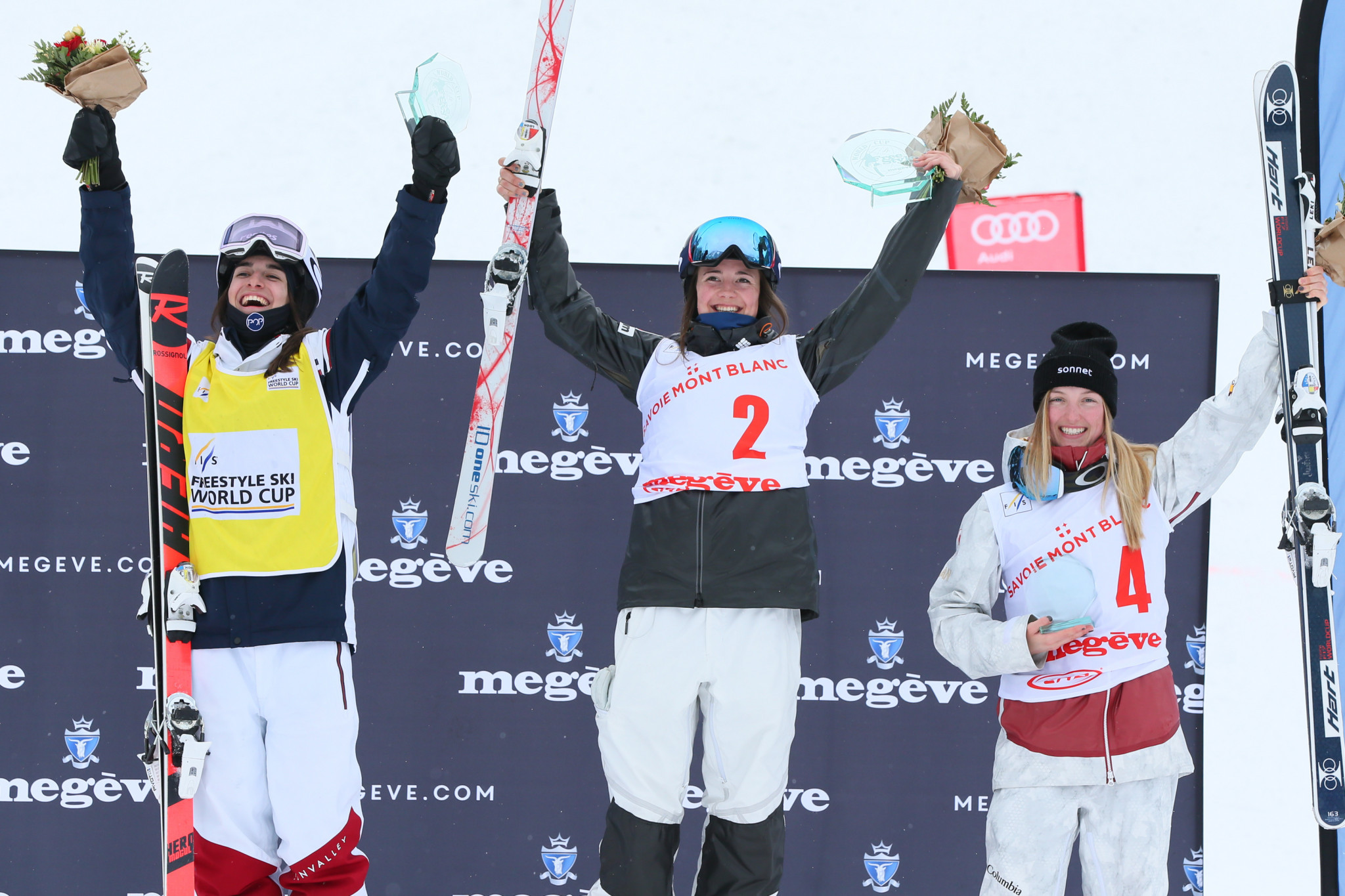 Jaelin Kauf, centre, backed up her win in the single moguls yesterday with victory again today ©Getty Images