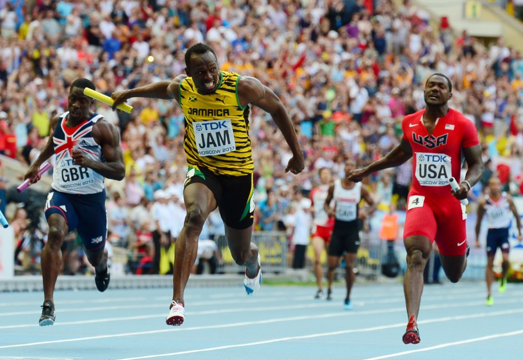 Usain Bolt holds off Justin Galtin (right) to win the world 4x100m title for Jamaica in Moscow two years ago. Both men make their debuts in the IAAF World Relays this weekend, and are likely to compete against each other once again with baton in hand ©Get