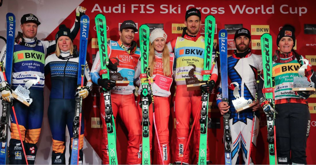 The leading men and women line-up after the opening FIS Ski Cross World Cup at Arosa in Switzerland ©FIS