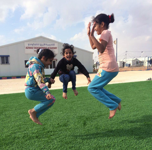 The artificial turf newly installed at the Academy in Jordan's Azraq camp is proving a hit already ©THF