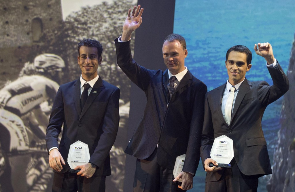 Grand Tour winners Fabio Aru (left), Chris Froome (centre) and Alberto Contador (right) picked up awards ©ANSA/CARCONI-PERI