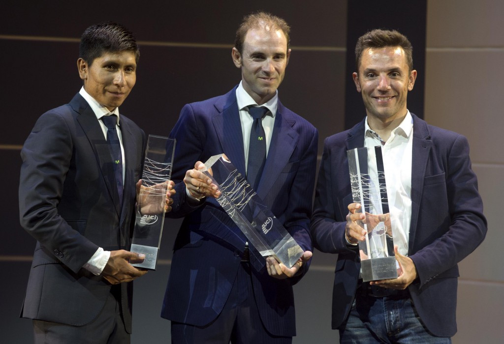 Spain's Alejandro Valverde (centre) saw off the challenge of Nairo Quintana (left) and Joaquim Rodriquez (right) to take the WorldTour title