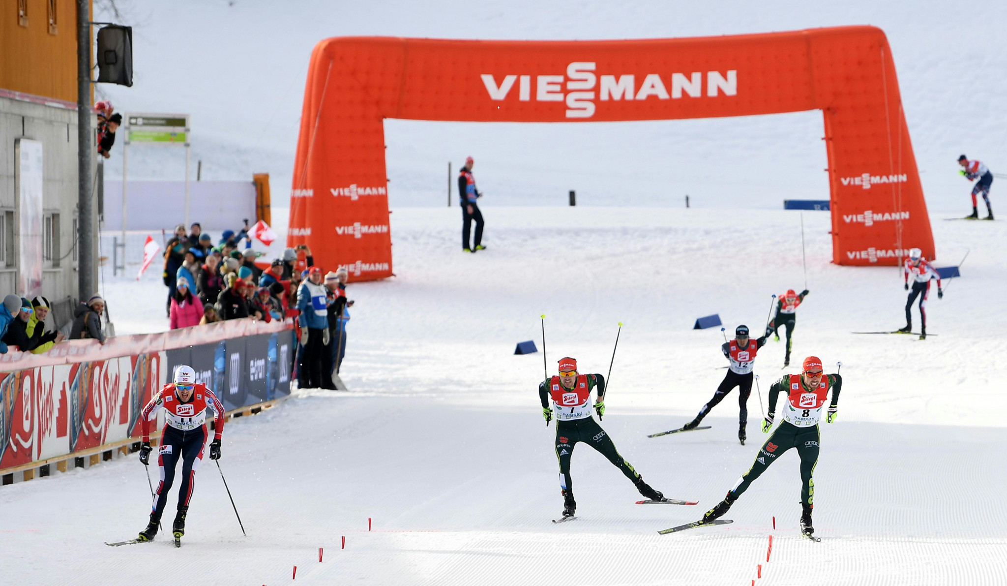 In a tight finish between the top three Jørgen Graabak, left, won by just 0.3 seconds ©Getty Images