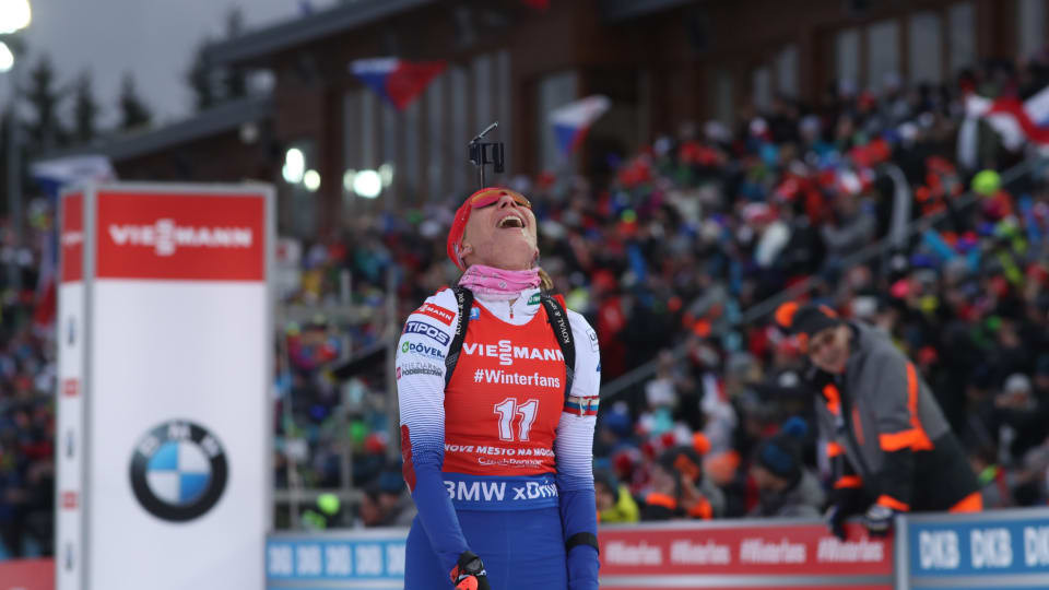 Anastasiya Kuzmina claimed her first win of the season in the women's race ©IBU