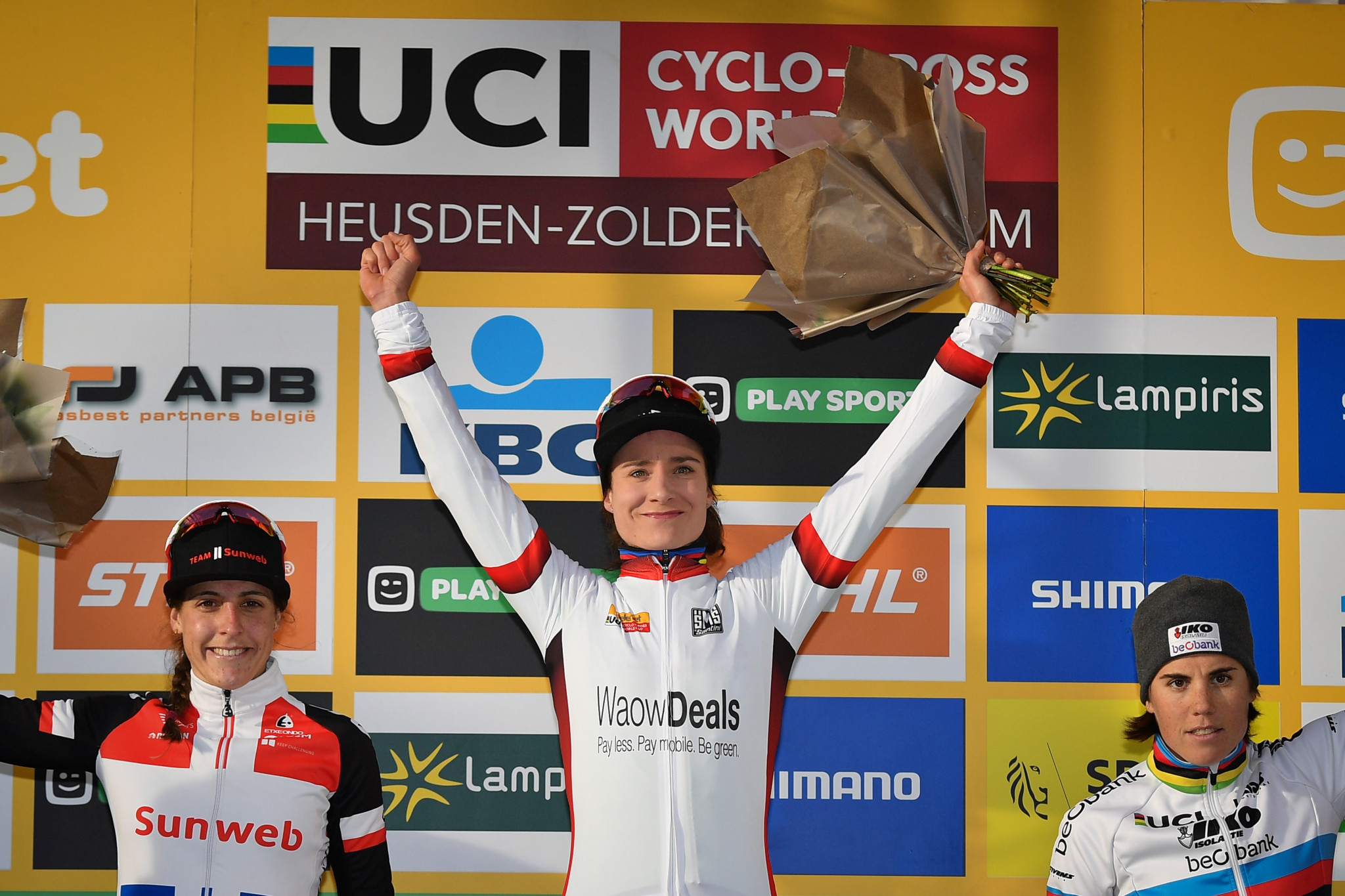 Marianne Vos of The Netherlands won the women's UCI Cyclo-Cross World Cup in Heusden-Zolder to extend her overall lead, with compatriot Lucinda Brand finishing second and Belgium Sanne Cant third ©Getty Images 