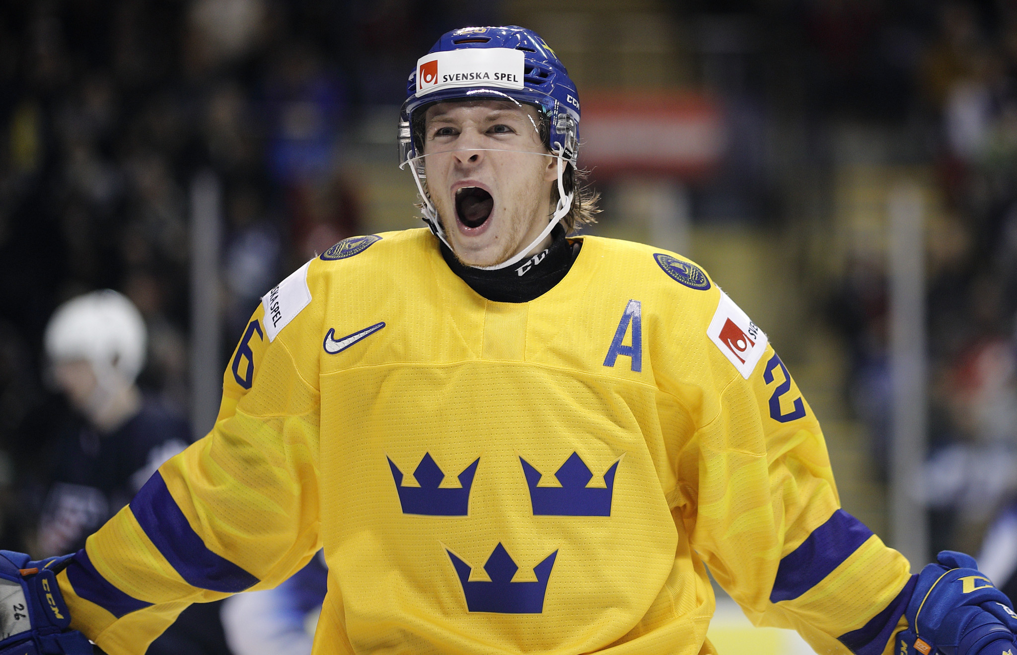 Rickard Hugg celebrates scoring for Sweden against the United States in the IIHF World Junior Championships in Vancouver in a thrilling match the Swedes eventually won 5-4 after squandering a four-goal lead ©Getty Images