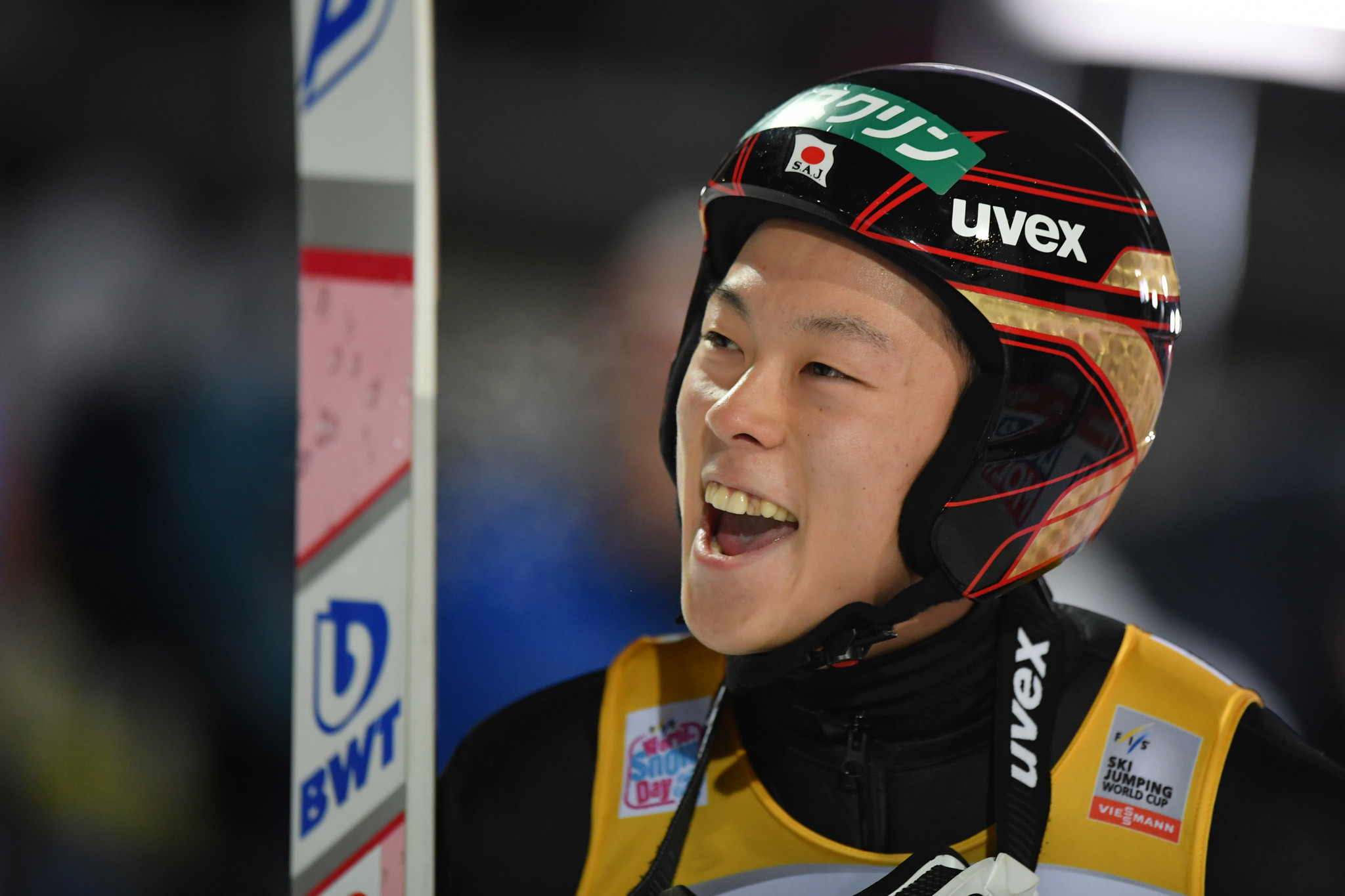 Japan's Ryoyu Kobayashi celebrates winning the FIS Ski Jumping World Cup event in Oberstdorf ©Getty Images
