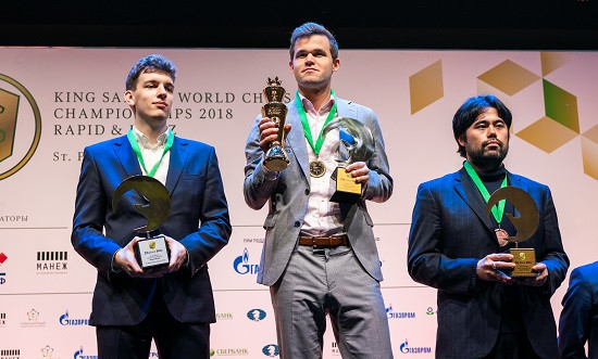 Magnus Carlsen has won the open section again at the World Rapid and Blitz Chess Championships ©World Chess Federation