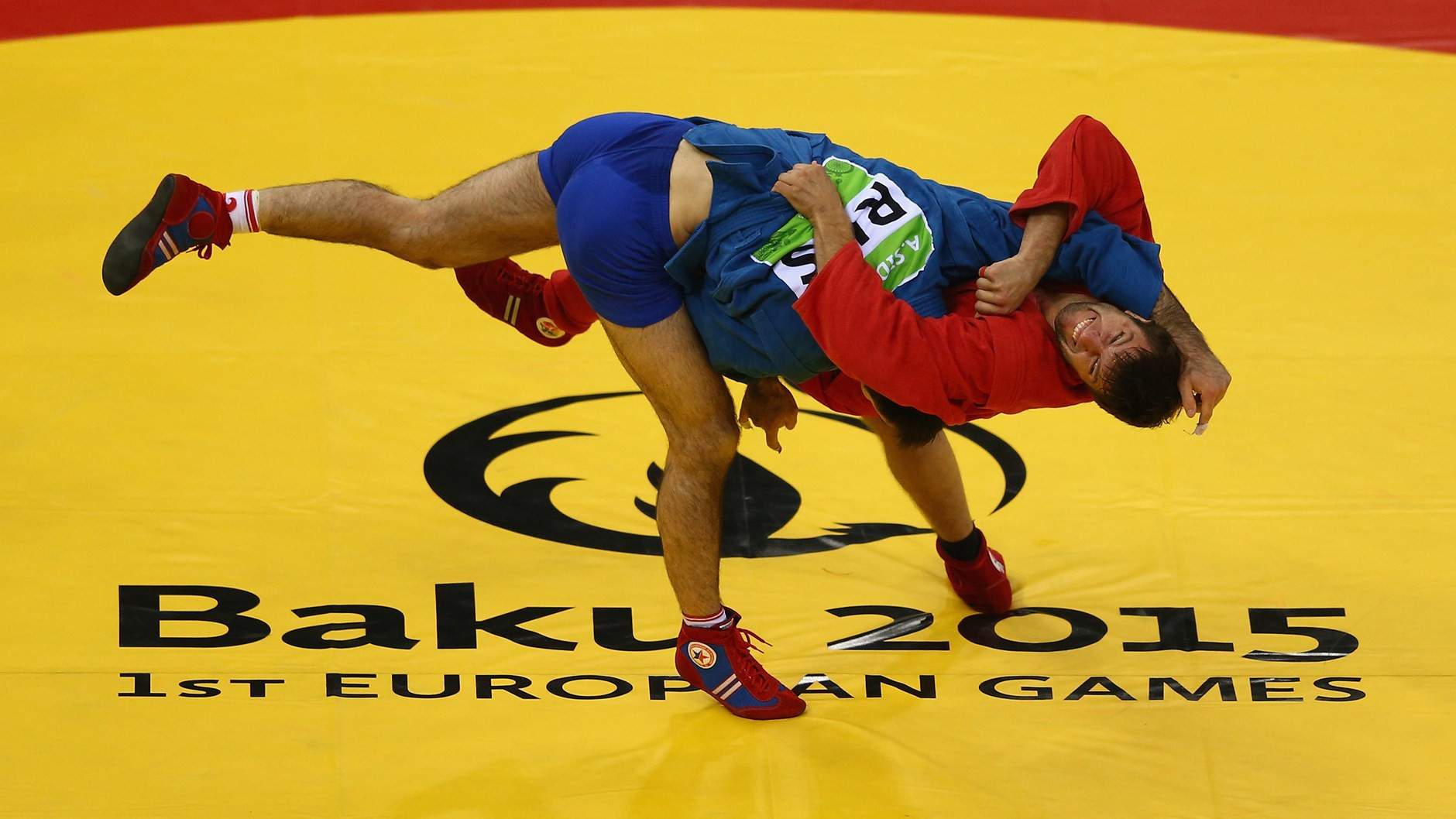 Stsiapan Papou, in red, won one of Belarus' two sambo gold medals at the 2015 European Games ©Getty Images