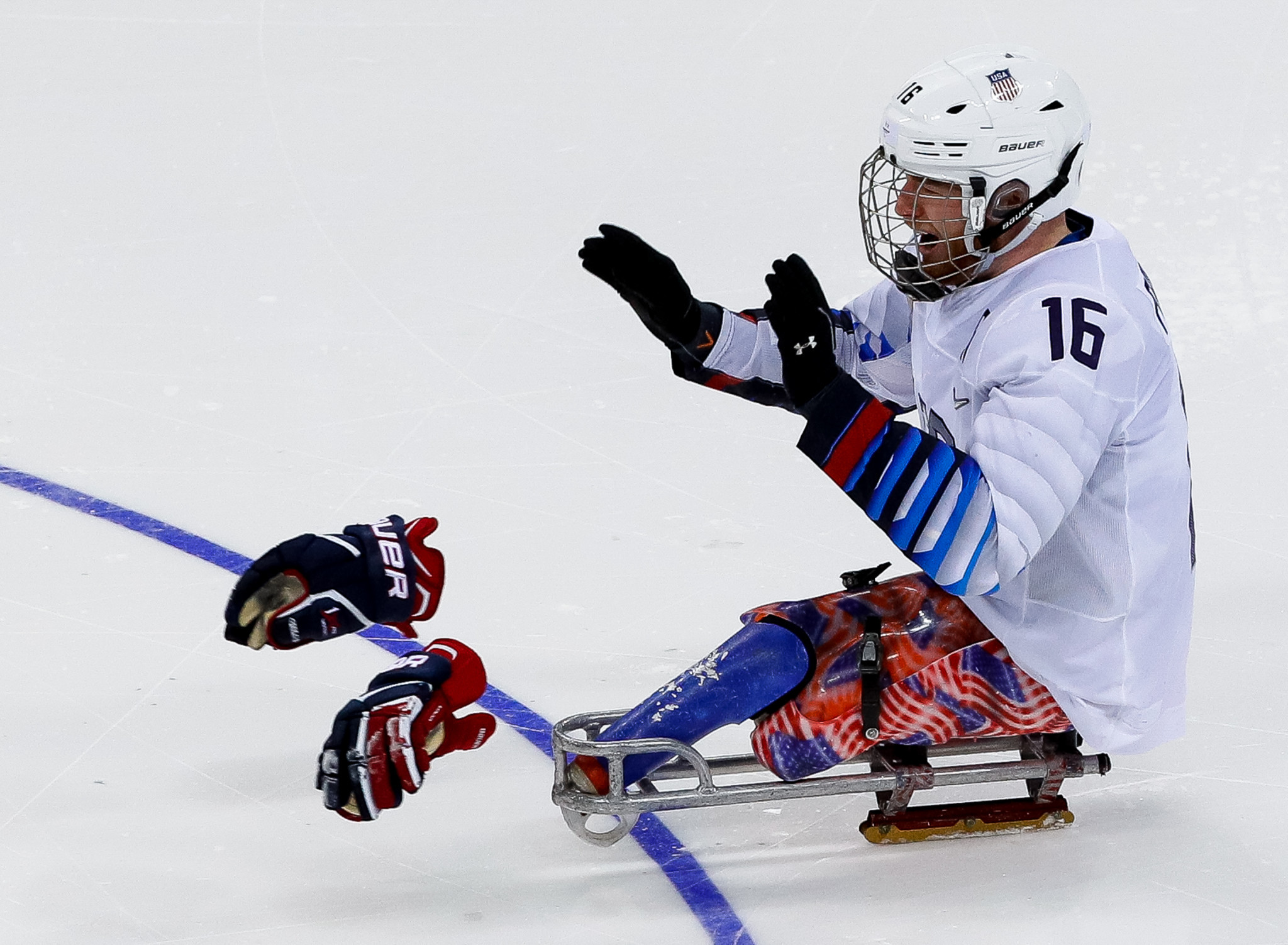 Declan Farmer of the United States celebrates scoring the goal which gave the US the gold medal in the ice hockey final at the 2018 Winter Paralympics ©Getty Images