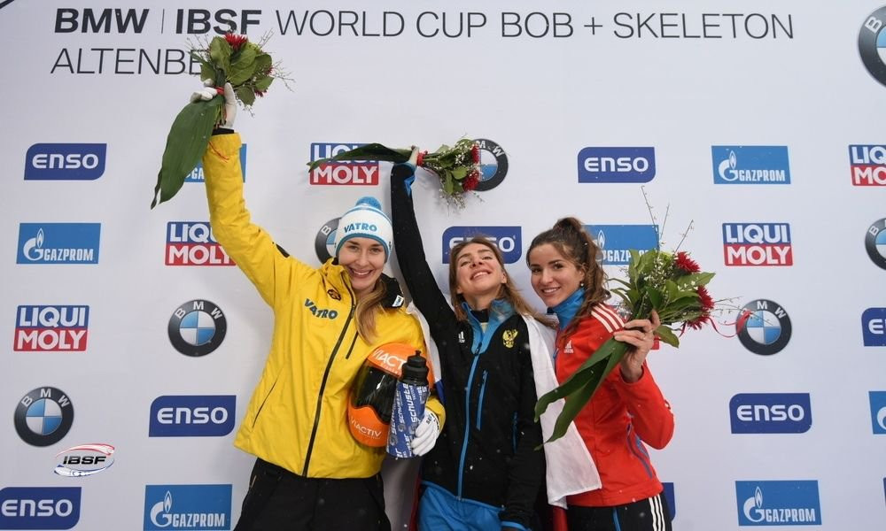 Russia's Elena Nikitina won the women's skeleton race in Altenburg with Jacqueline Loelling of Germany finishing second and Russia's Yulia Kanakina in third ©IBSF