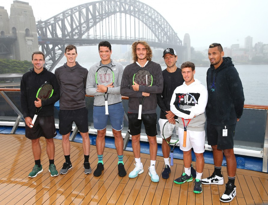  Bruno Soares, Jamie Murray, Milos Raonic, Stefanos Tsitsipas, Lucas Pouille, Diego Schwartzman and Nick Kyrgios attended the announcement that Sydney and Brisbane will host the 2020 ATP Cup ©Getty Images