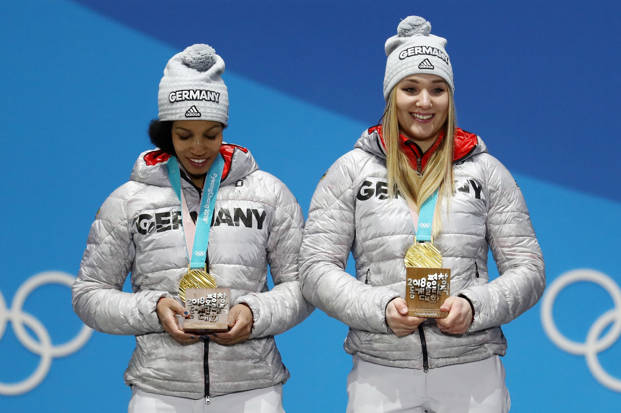 Olympic champion Mariama Jamanka of Germany, left, is currently leading the overall IBSF World Cup rankings in the two-woman bobsleigh ©Getty Images