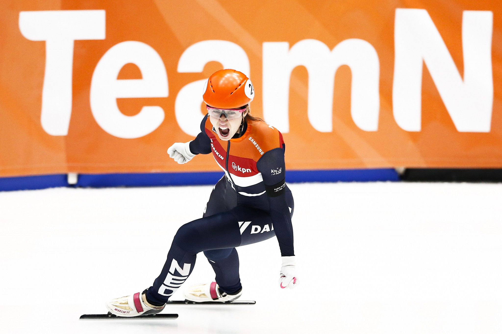 Suzanne Schulting of The Netherlands celebrates winning the women's 1,500m final at the ISU Short Track Speed Skating European Championships in front of her home crowd in Dordrecht ©ISU