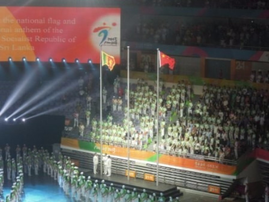 The Sri Lankan flag being raised at the Closing Ceremony of the 2013 Asian Youth Games in Nanjing. They were later stripped of their hosting rights for the 2017 edition ©ITG