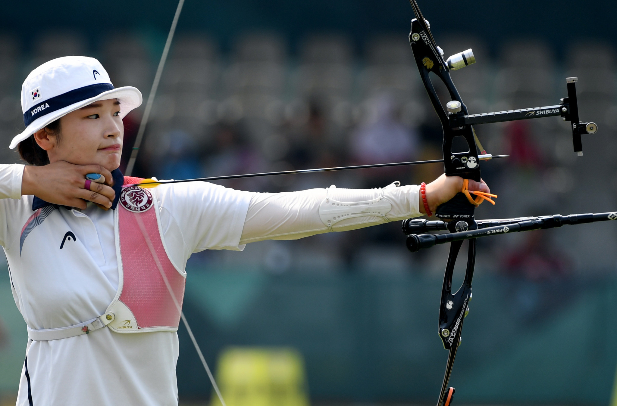 World record holder Kang Chae Young held off a strong challenge from three fellow South Koreans to take first place in the women’s recurve qualification standings at the Indoor Archery World Series event in Nîmes in France ©Getty Images